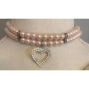 Double Strand Pearl Choker Necklace with Rhinestone Heart Pendant